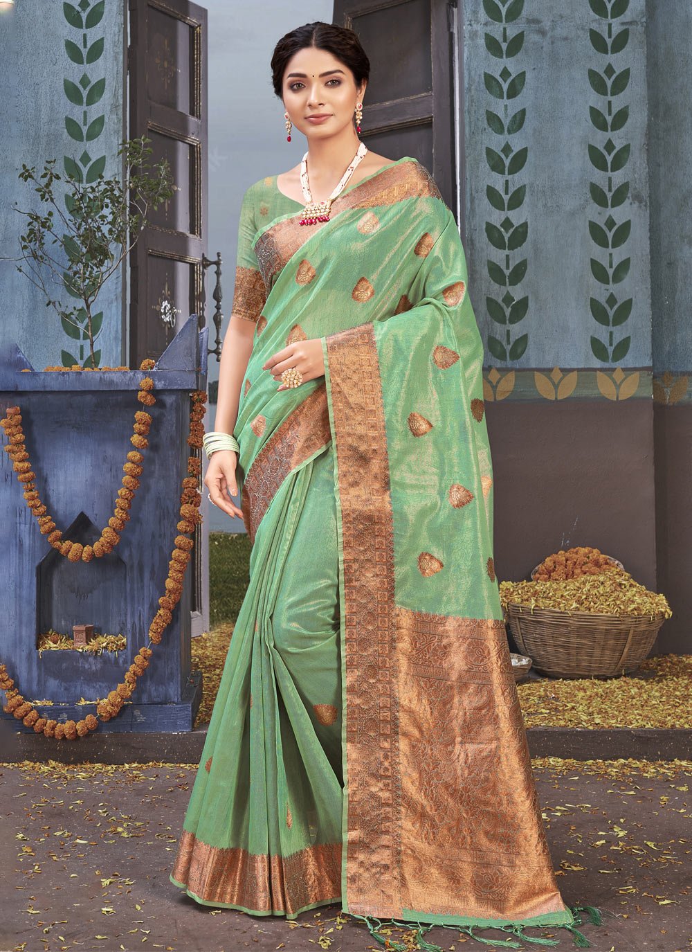 Classic Organza Green Fancy Work Saree