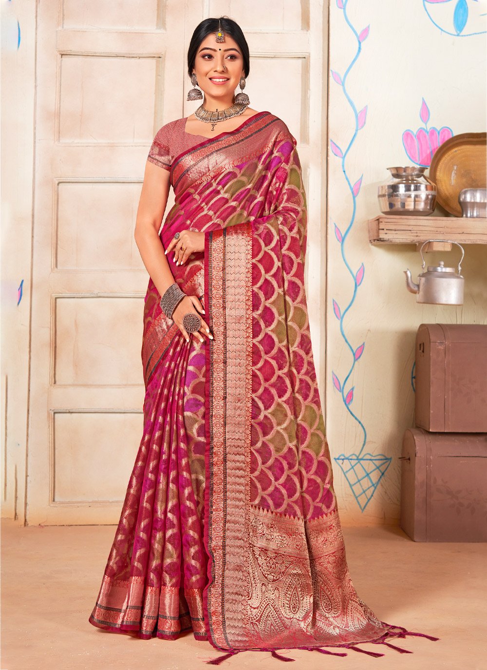 Trendy Saree Organza Multi Colour Fancy Work Saree