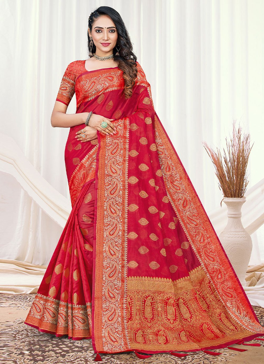 Trendy Saree Organza Red Fancy Work Saree