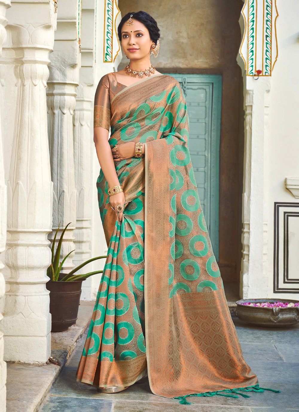 Designer Organza Turquoise Fancy Work Saree