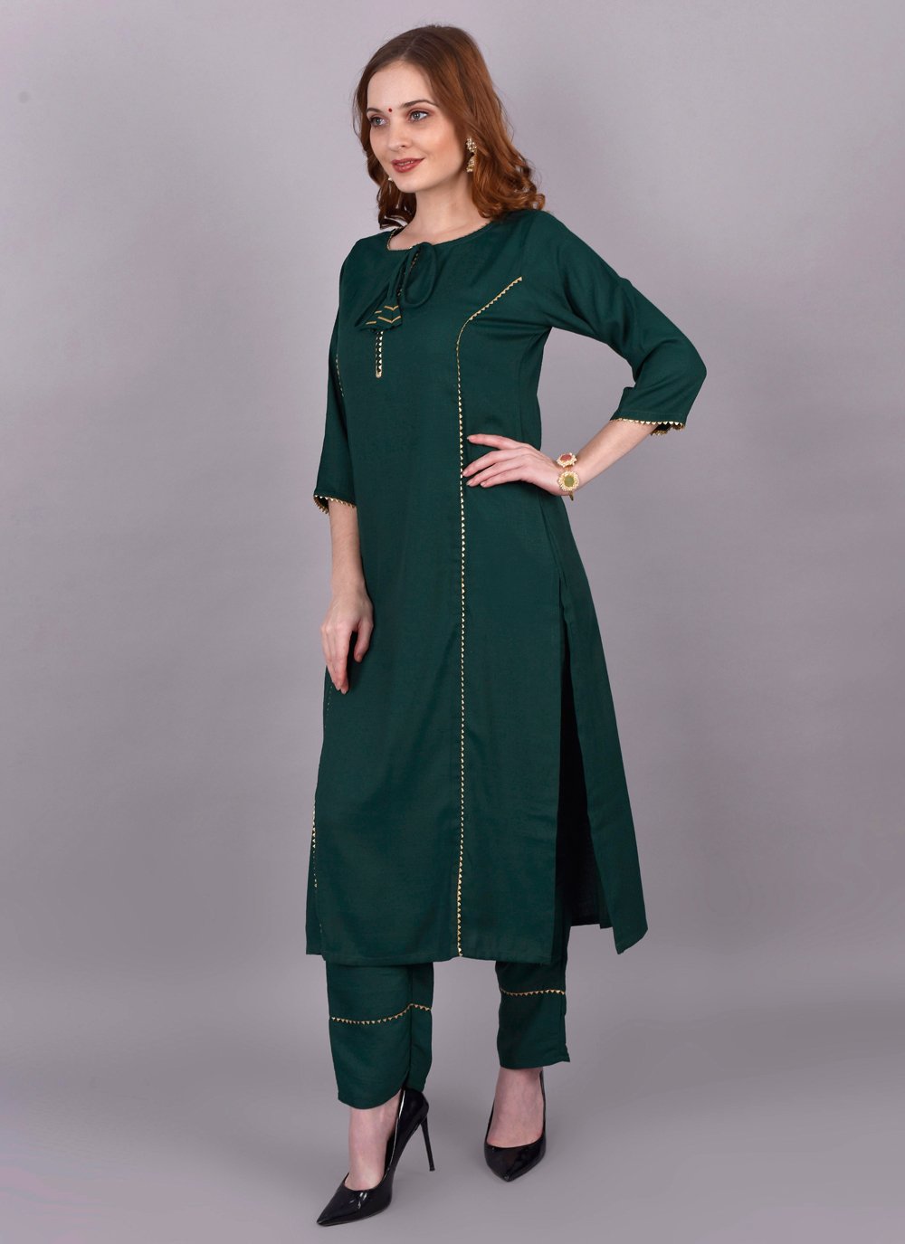 Pant Style Suit Rayon Green Fancy Work Salwar Kameez