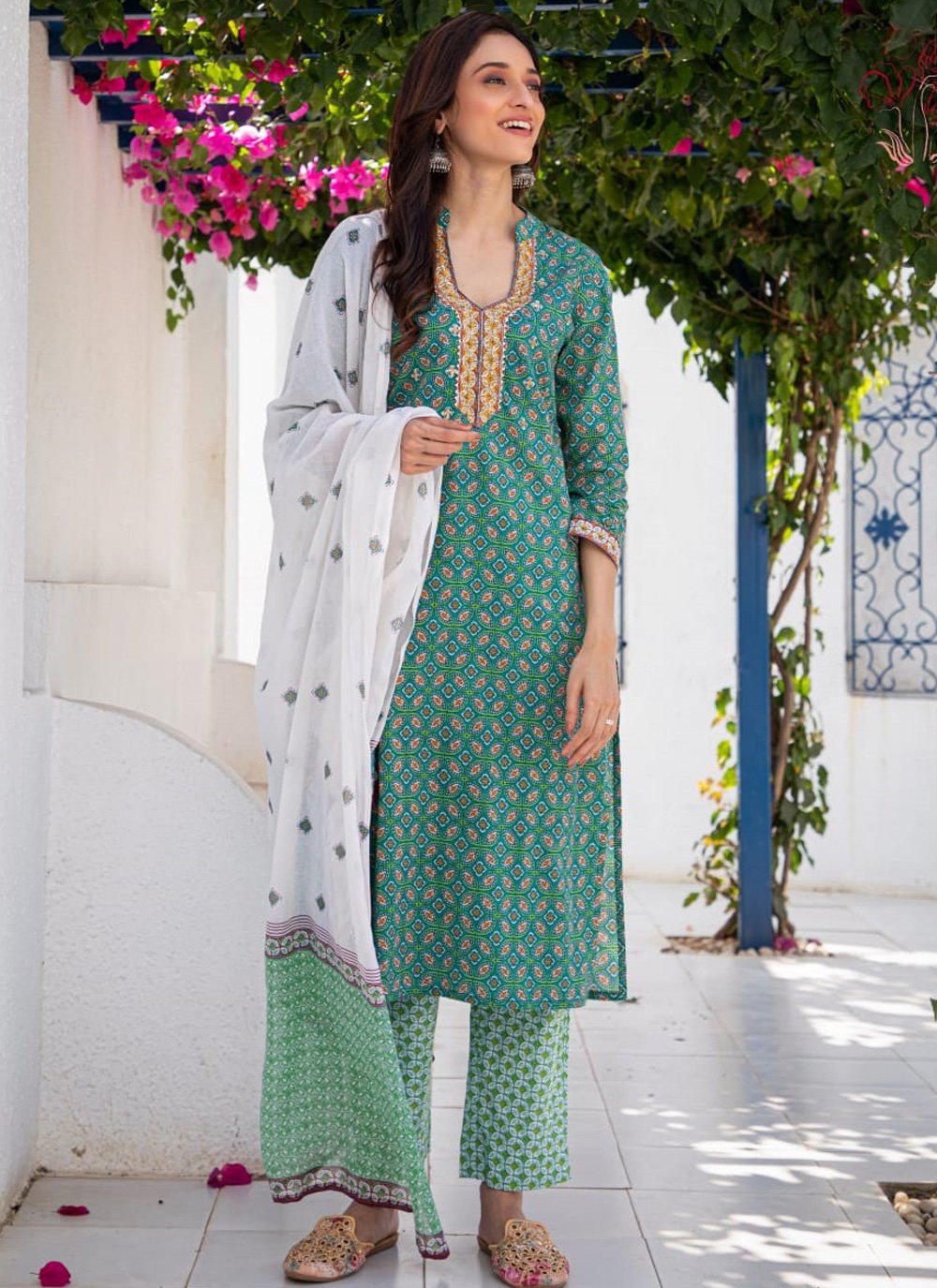 Designer Kurti Cotton Green Fancy Work Kurtis