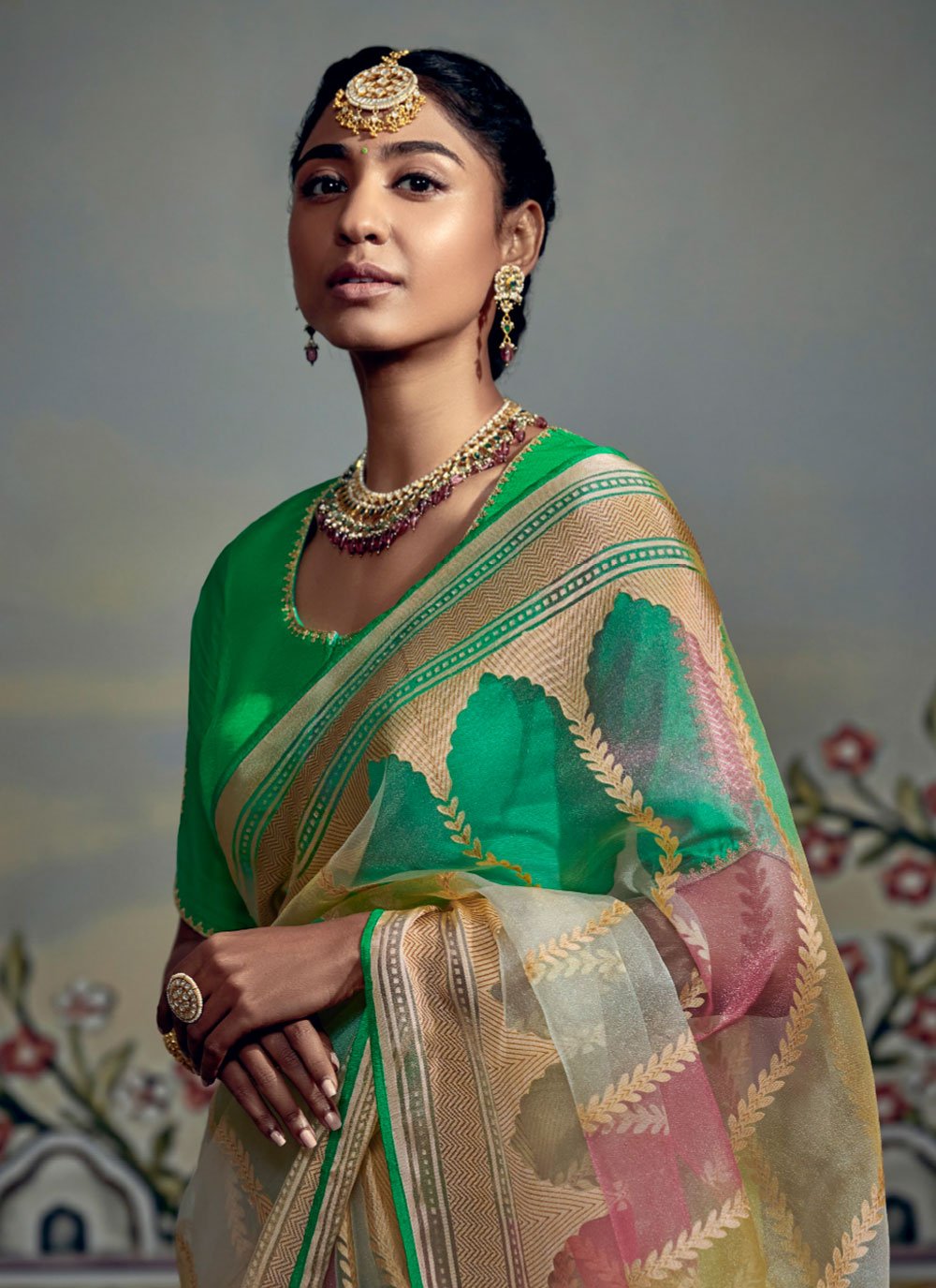 Classic Brasso Cream Fancy Work Saree