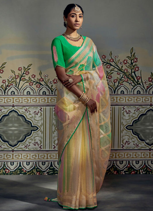 Classic Brasso Cream Fancy Work Saree