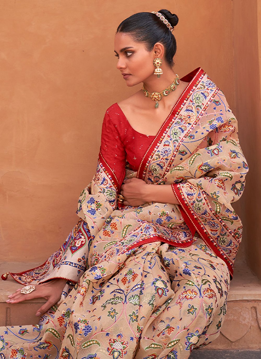 Classic Brasso Peach Red Fancy Work Saree