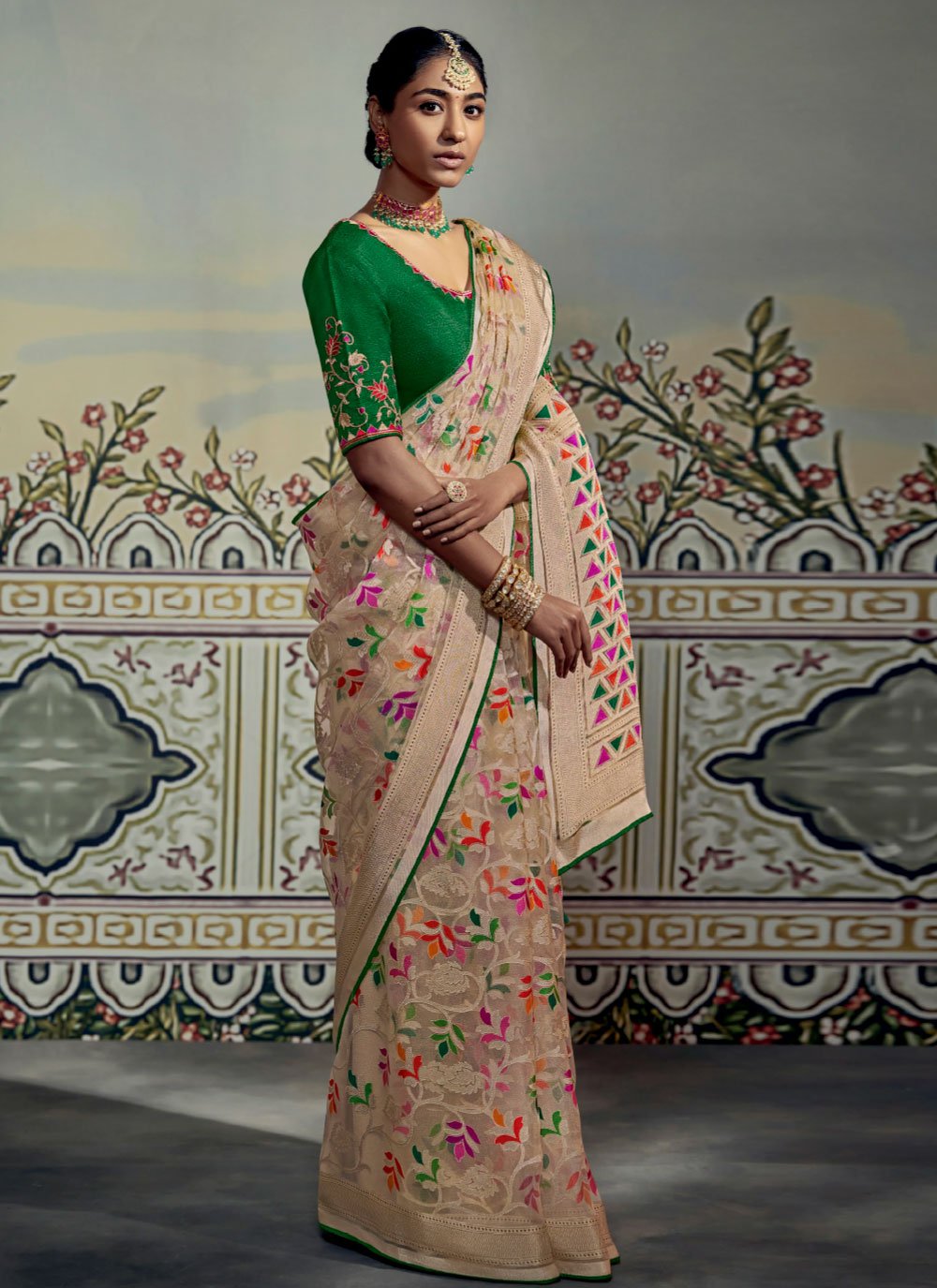 Classic Brasso Peach Fancy Work Saree