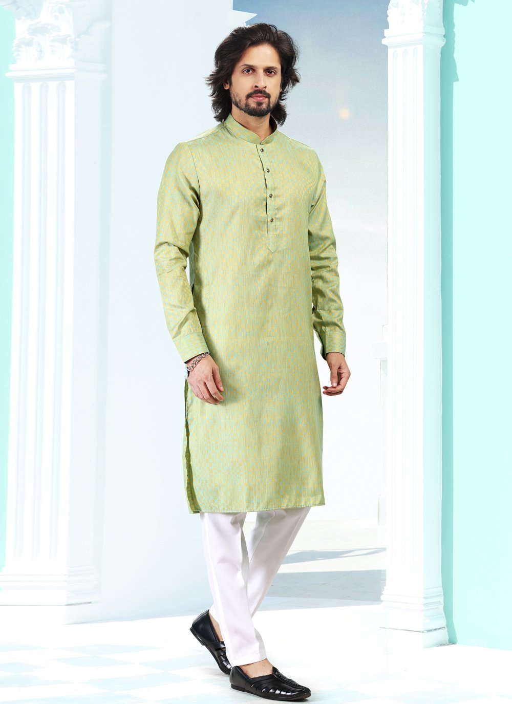 Kurta Pyjama Silk Green Fancy Work Mens