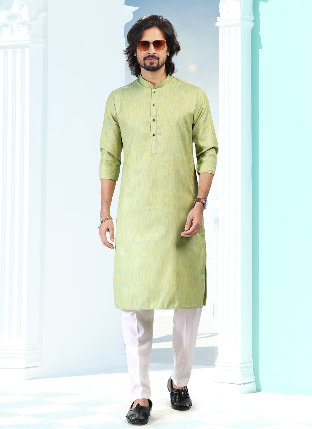 Kurta Pyjama Silk Green Fancy Work Mens