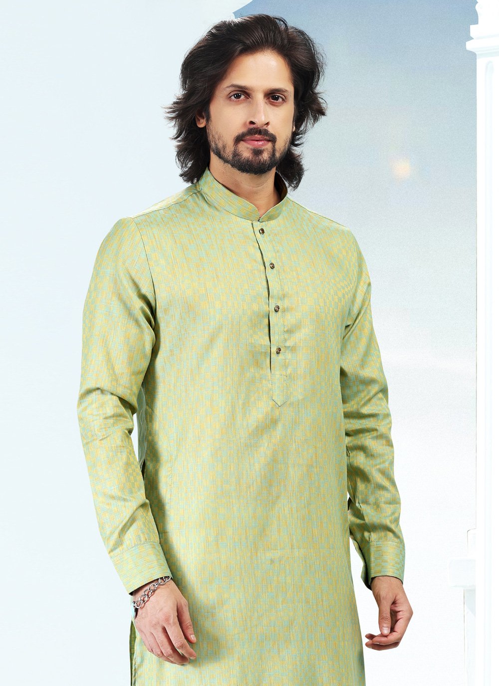 Kurta Pyjama Silk Green Fancy Work Mens