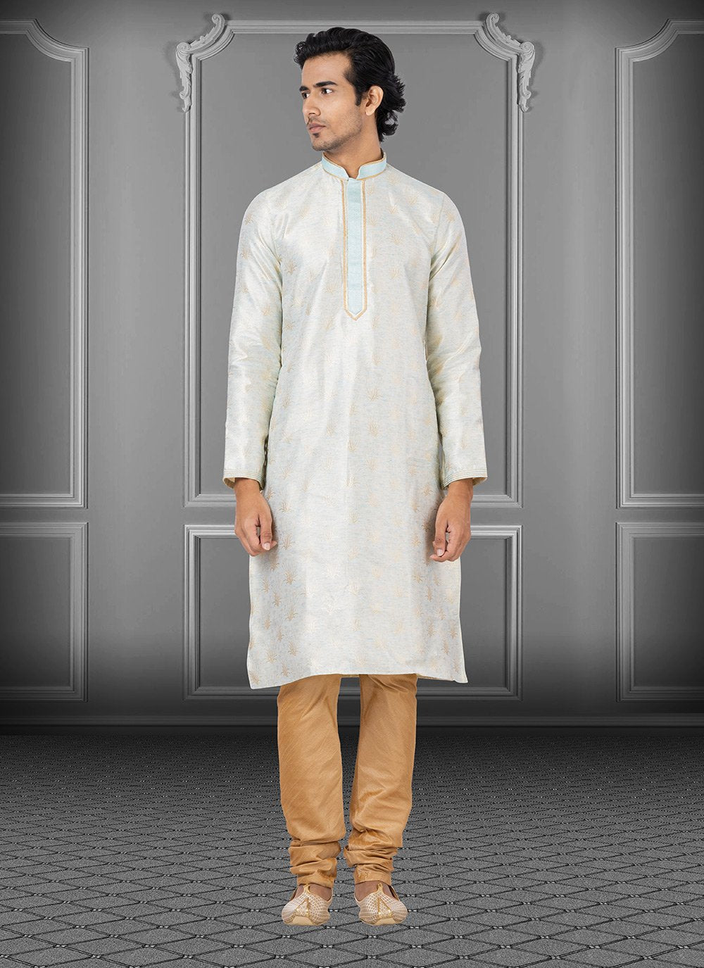 Kurta Pyjama Linen Silk Off White Fancy Work Mens