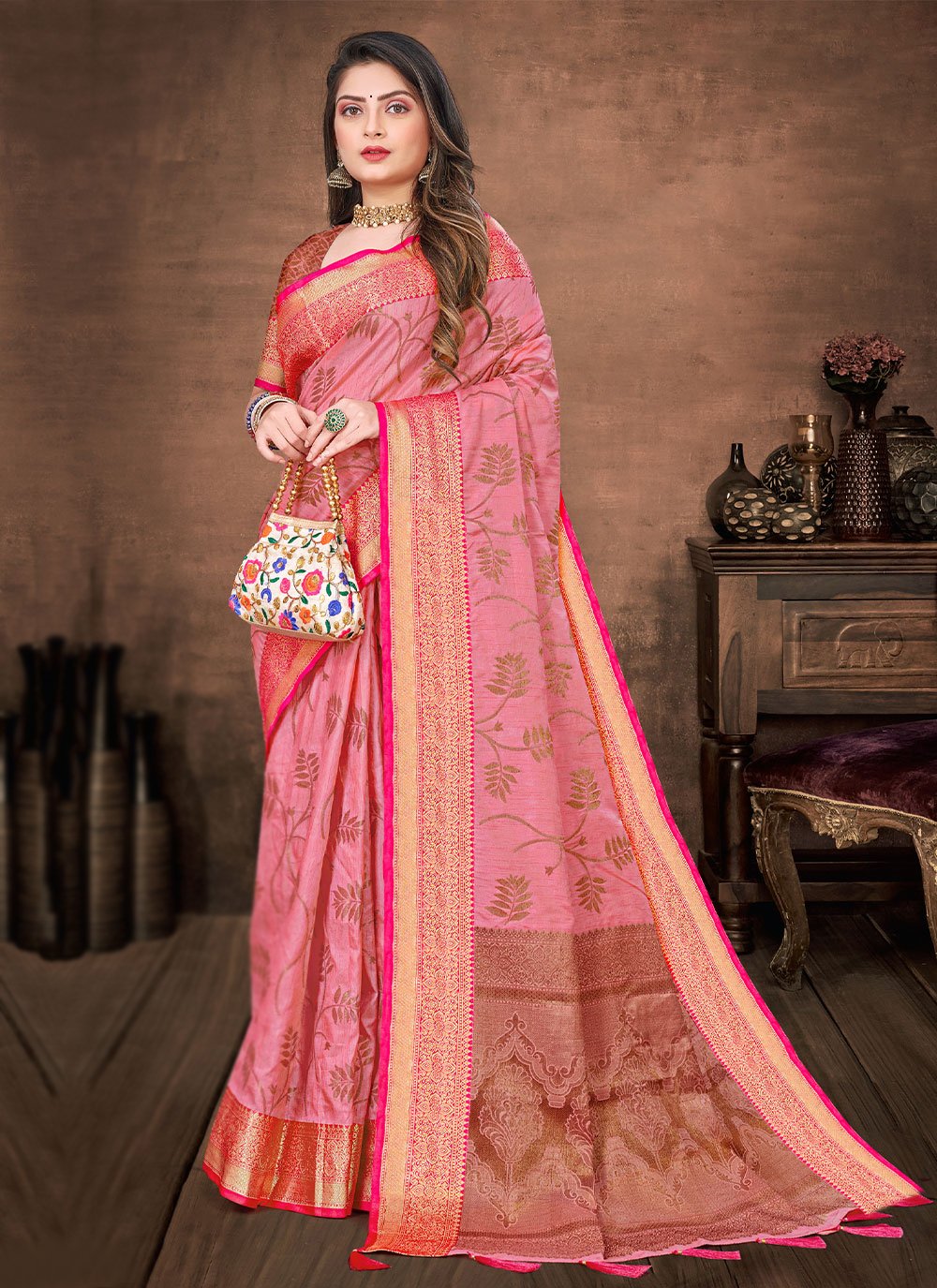 Classic Silk Pink Fancy Work Saree