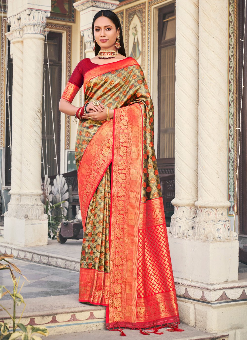 Traditional Saree Kanjivaram Silk Grey Fancy Work Saree