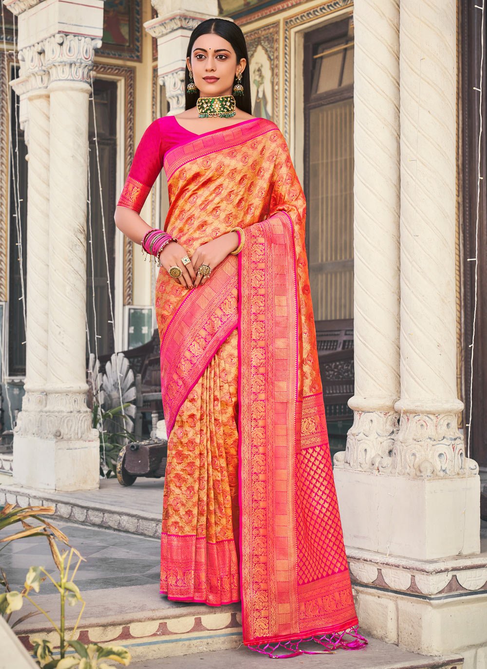 Traditional Saree Kanjivaram Silk Yellow Fancy Work Saree