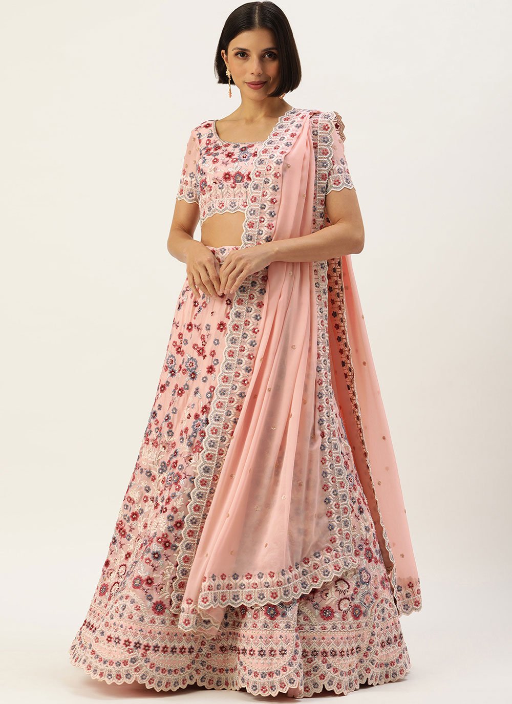 A Line Lehenga Pure Georgette Pink Fancy Work Lehenga Choli