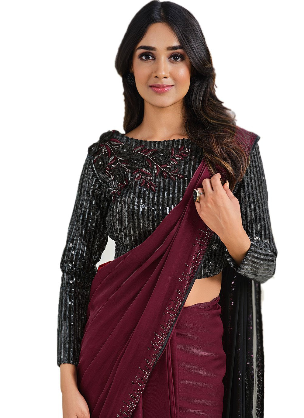 Classic Satin Silk Wine Fancy Work Saree