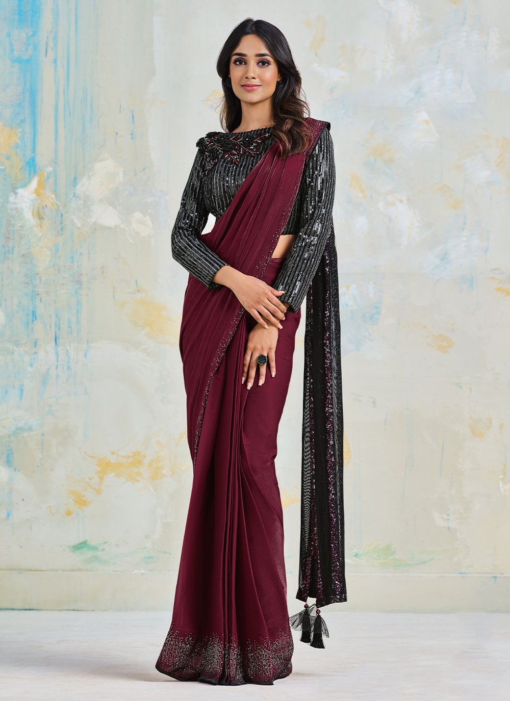 Classic Satin Silk Wine Fancy Work Saree