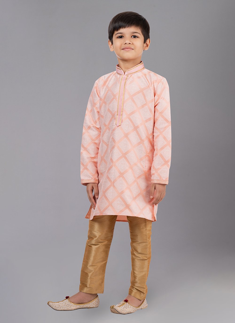 Kurta Pyjama Jacquard Silk Peach Fancy Work Kids