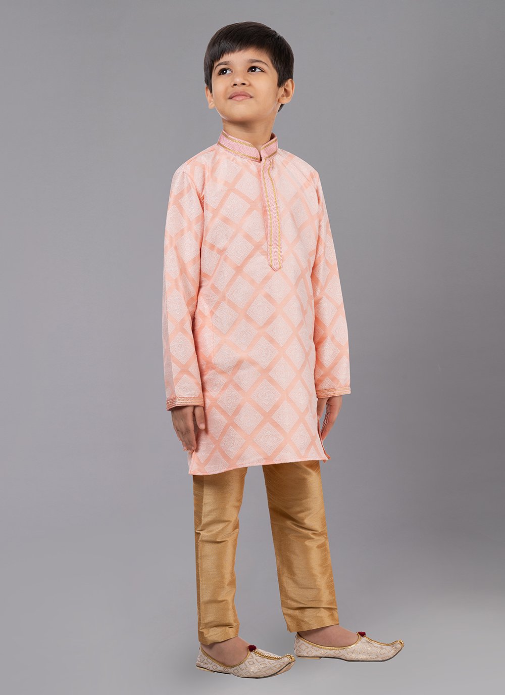 Kurta Pyjama Jacquard Silk Peach Fancy Work Kids