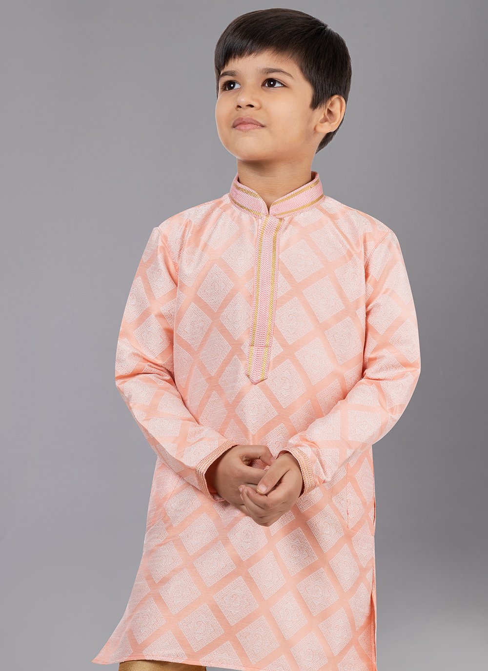 Kurta Pyjama Jacquard Silk Peach Fancy Work Kids