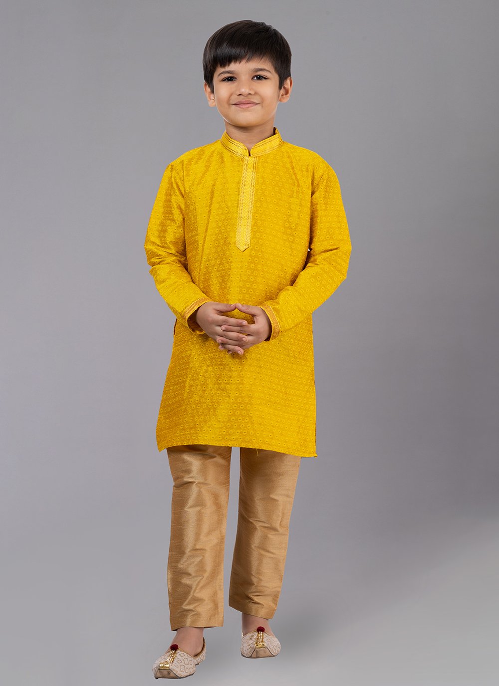 Kurta Pyjama Polly Cotton Yellow Fancy Work Kids