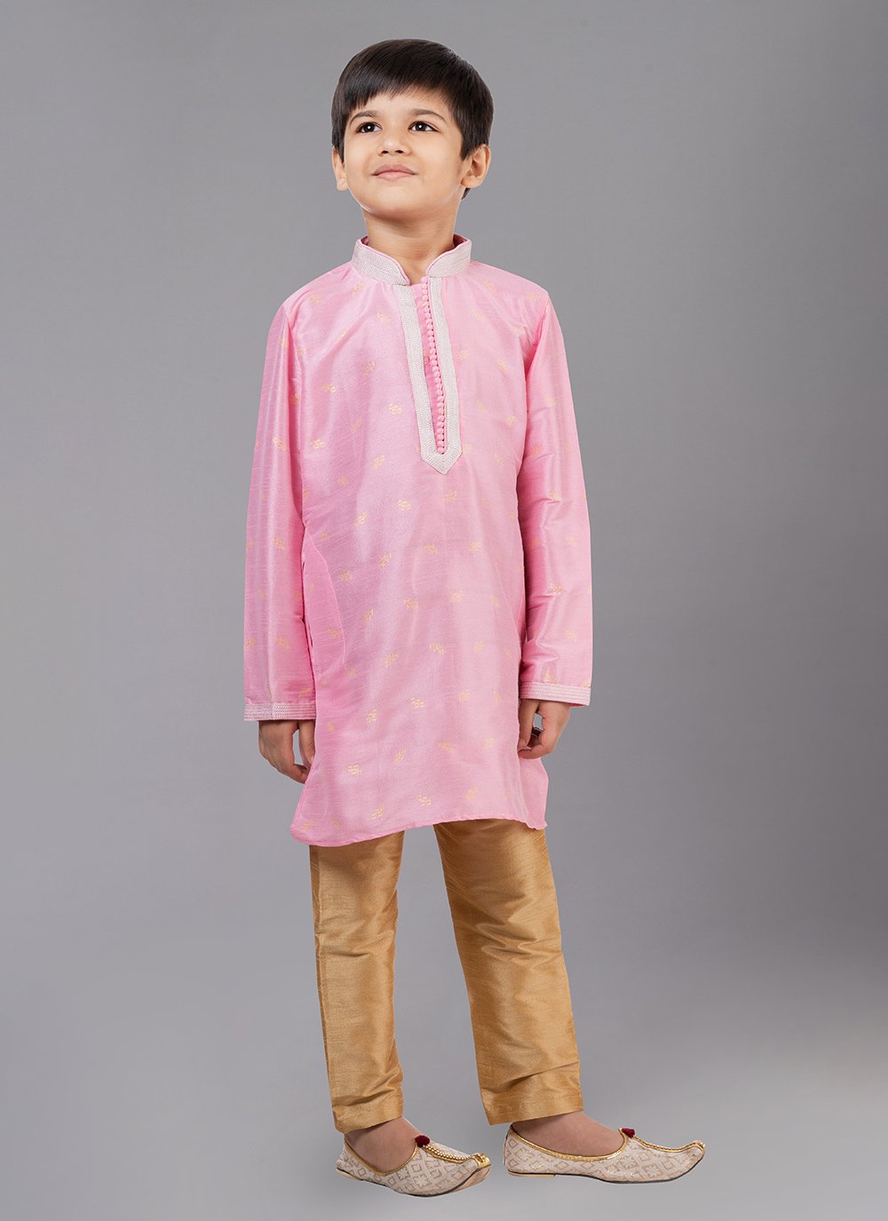 Kurta Pyjama Dupion Silk Jacquard Pink Fancy Work Kids