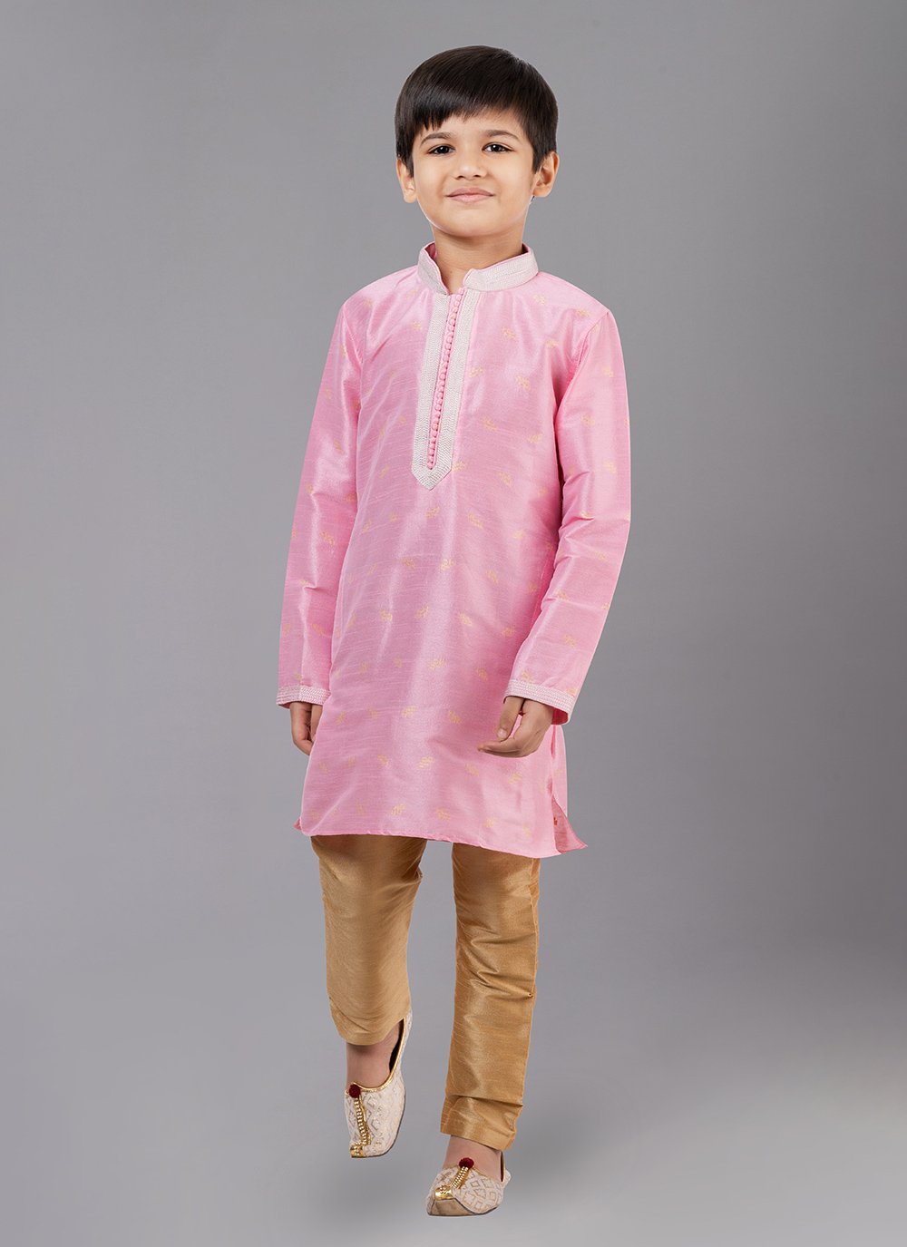 Kurta Pyjama Dupion Silk Jacquard Pink Fancy Work Kids