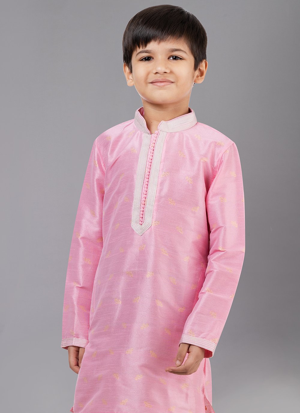 Kurta Pyjama Dupion Silk Jacquard Pink Fancy Work Kids