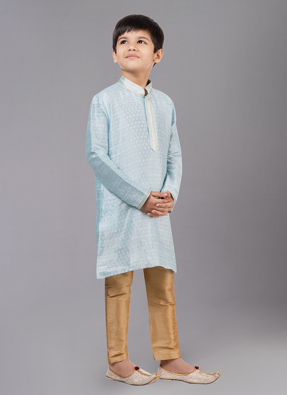 Kurta Pyjama Polly Cotton Aqua Blue Fancy Work Kids