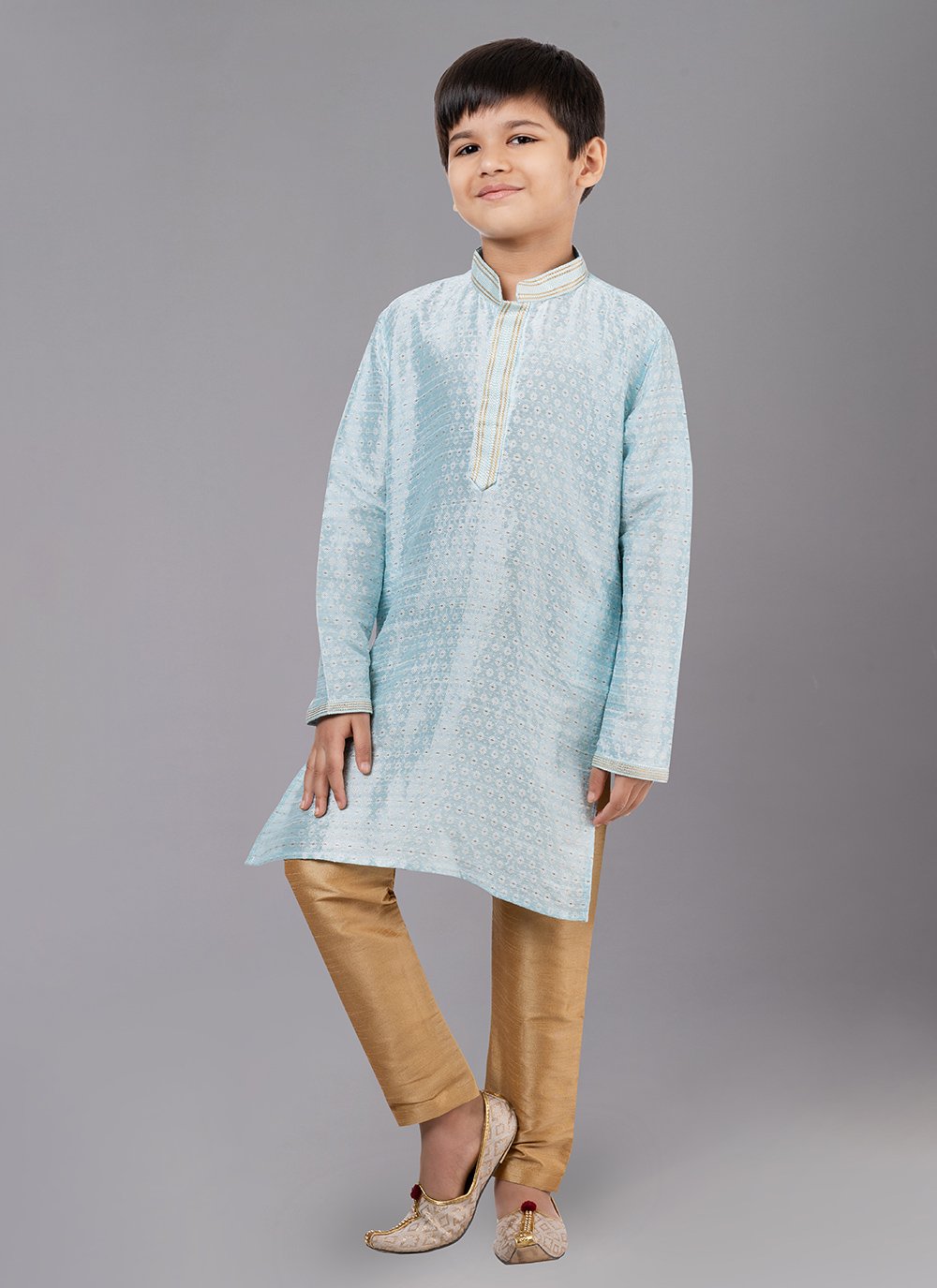 Kurta Pyjama Polly Cotton Aqua Blue Fancy Work Kids