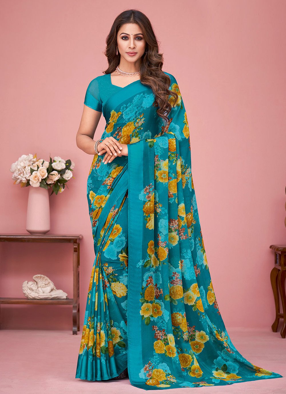 Contemporary Faux Chiffon Blue Print Saree