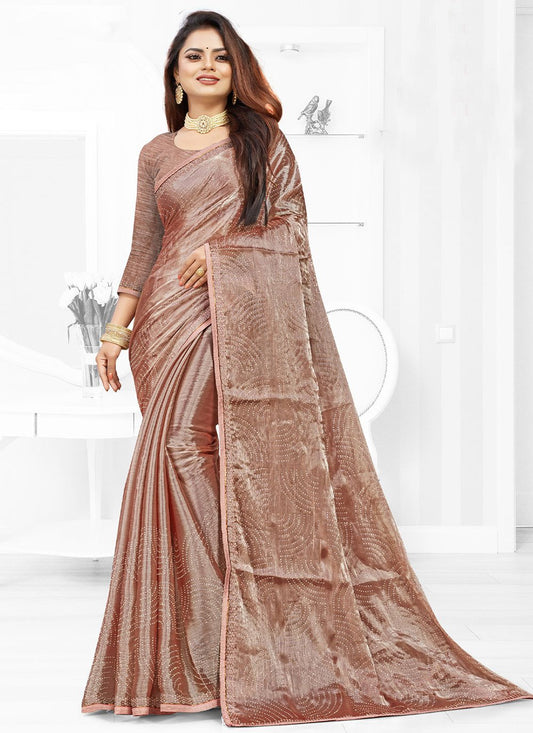 Classic Faux Chiffon Brown Embroidered Saree