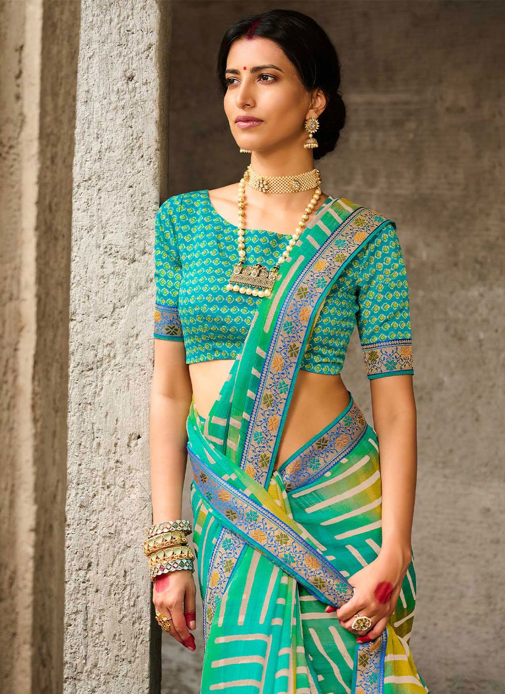 Designer Faux Chiffon Green Print Saree