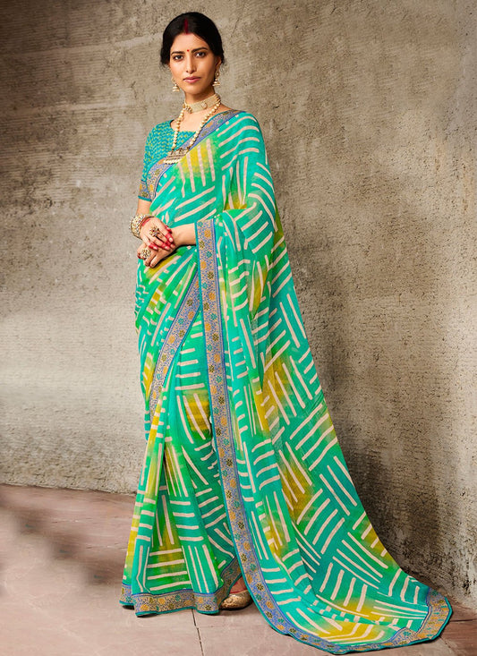 Designer Faux Chiffon Green Print Saree