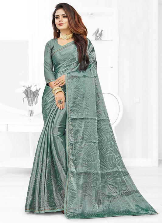 Designer Faux Chiffon Green Embroidered Saree