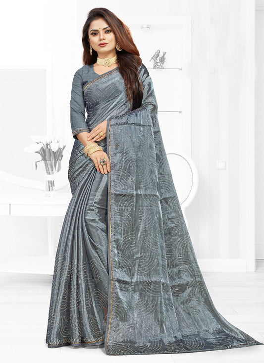 Contemporary Faux Chiffon Grey Embroidered Saree