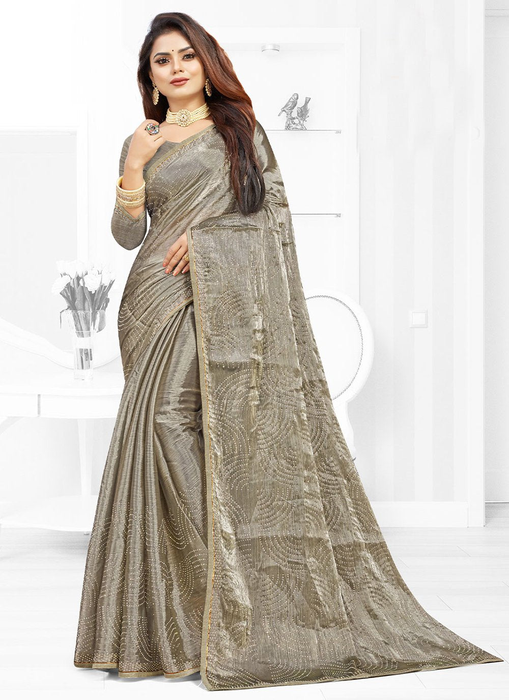 Classic Faux Chiffon Grey Embroidered Saree