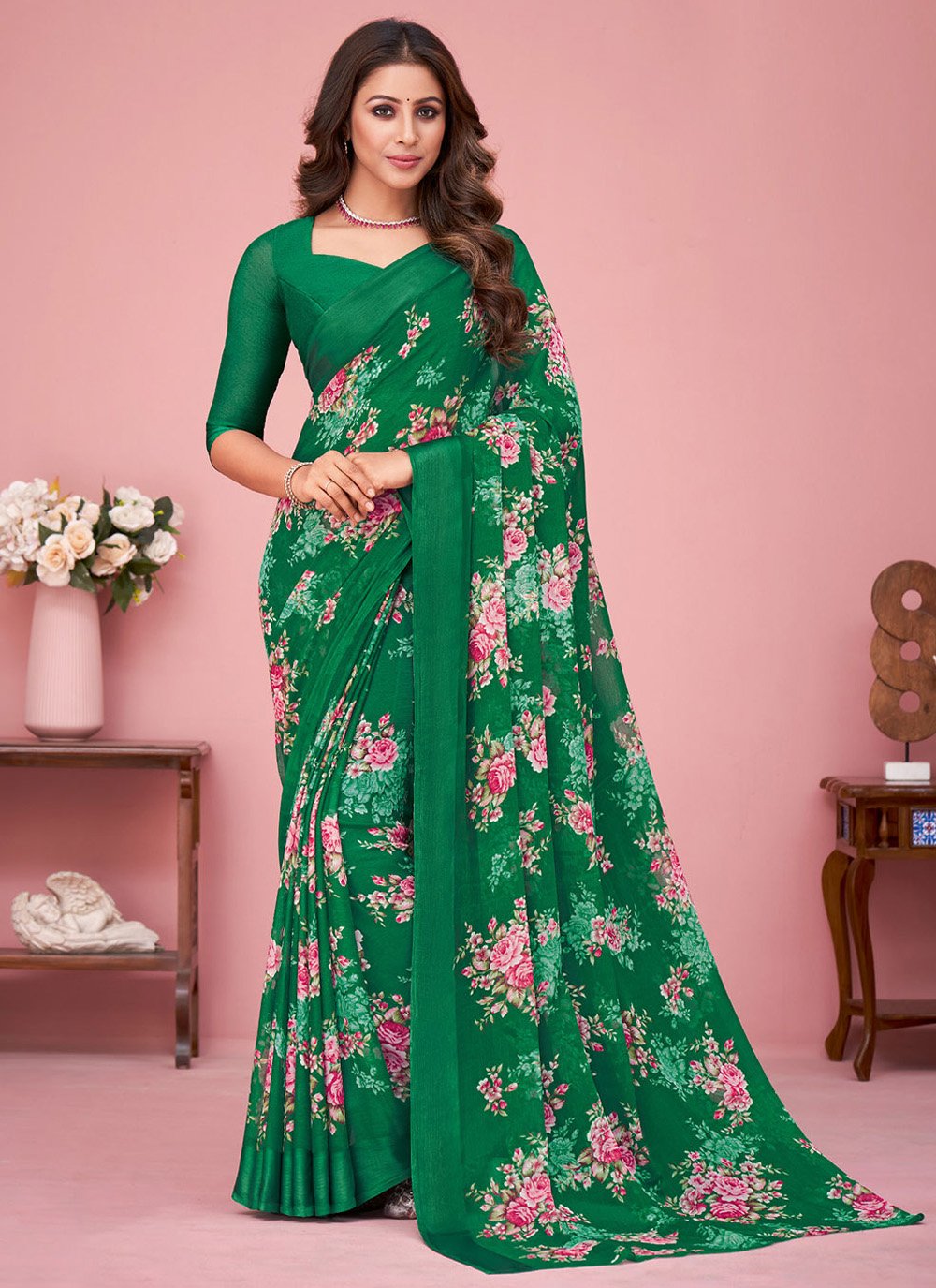 Casual Faux Chiffon Green Print Saree