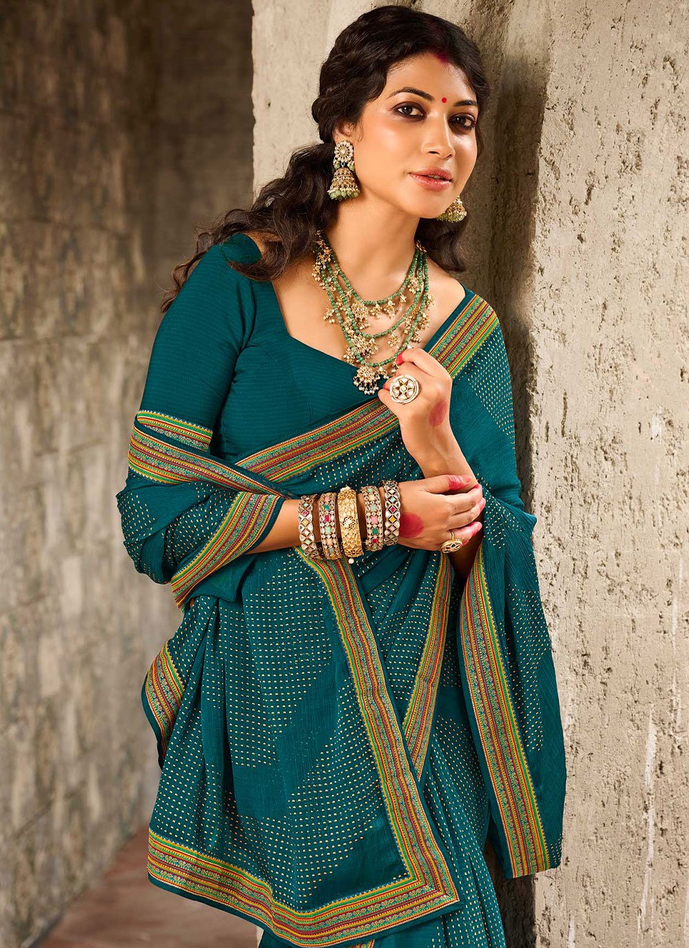 Classic Faux Chiffon Teal Print Saree