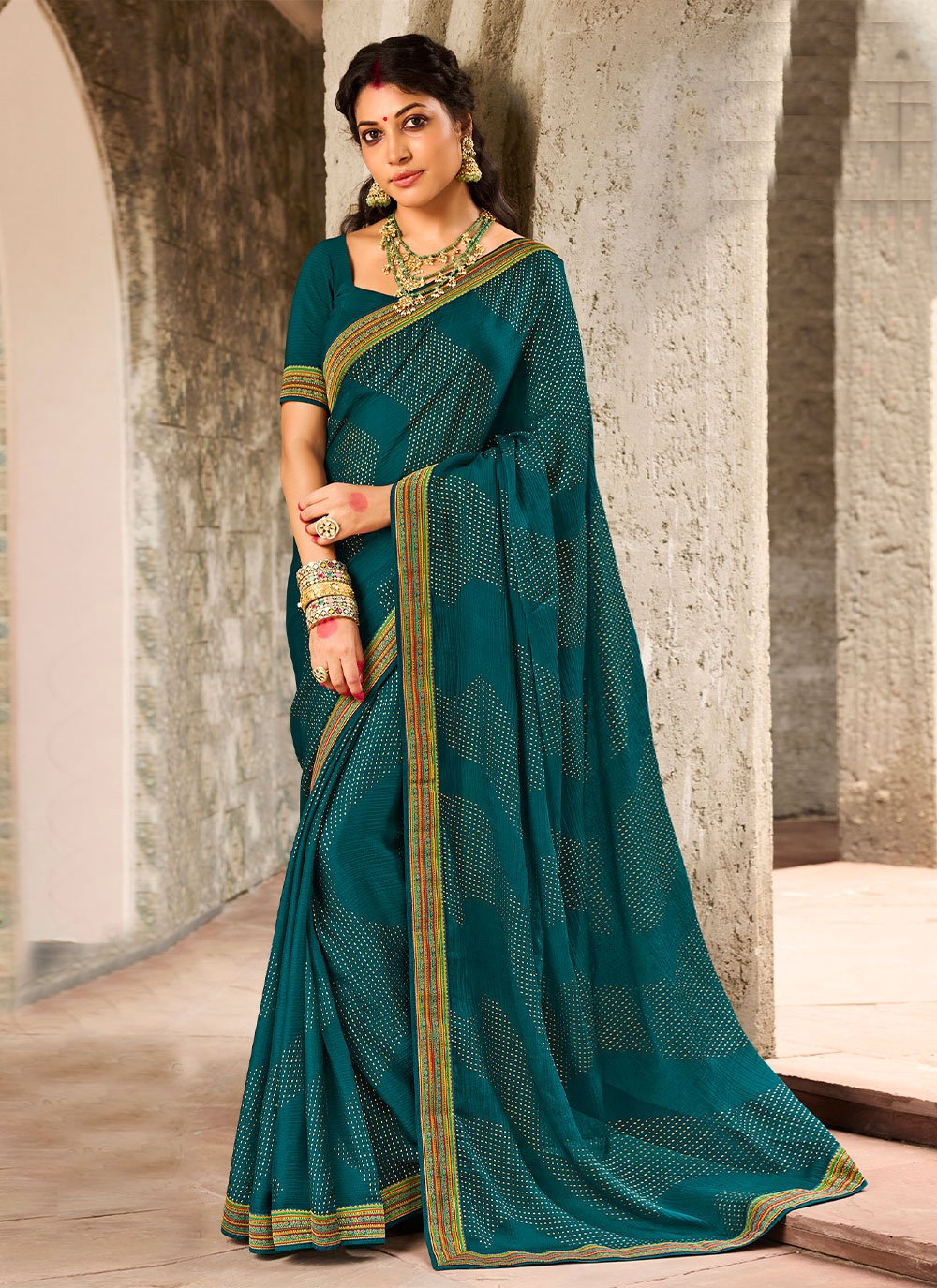 Classic Faux Chiffon Teal Print Saree