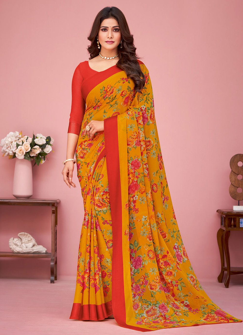 Contemporary Faux Chiffon Orange Print Saree