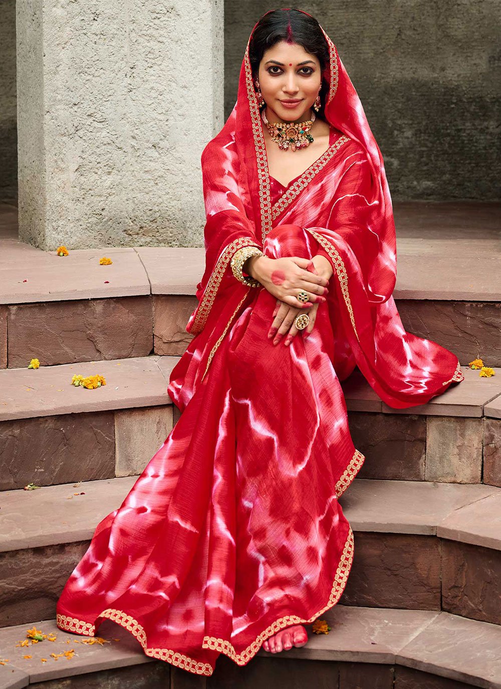 Designer Faux Chiffon Red Print Saree