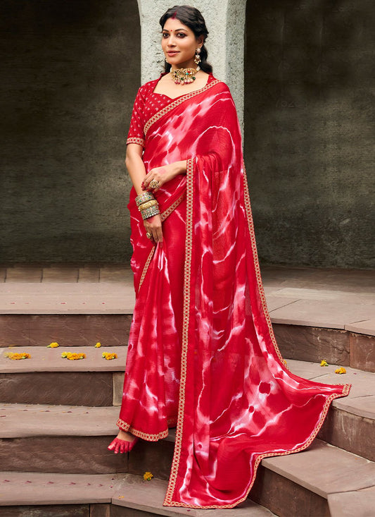 Designer Faux Chiffon Red Print Saree