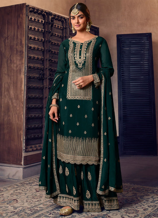 Salwar Suit Faux Chiffon Teal Embroidered Salwar Kameez