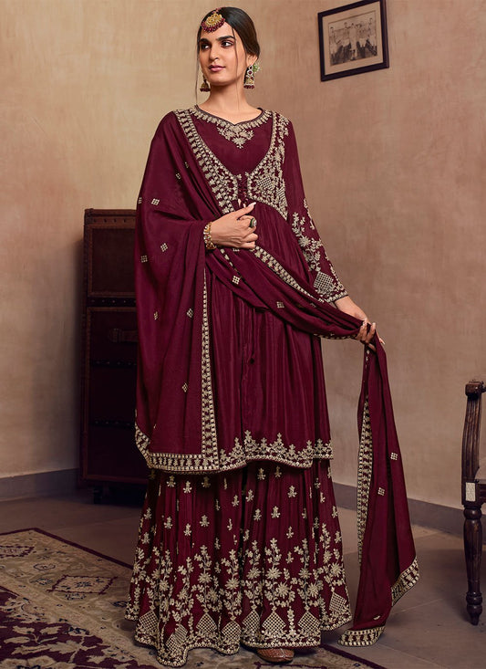 Palazzo Salwar Suit Faux Chiffon Wine Embroidered Salwar Kameez