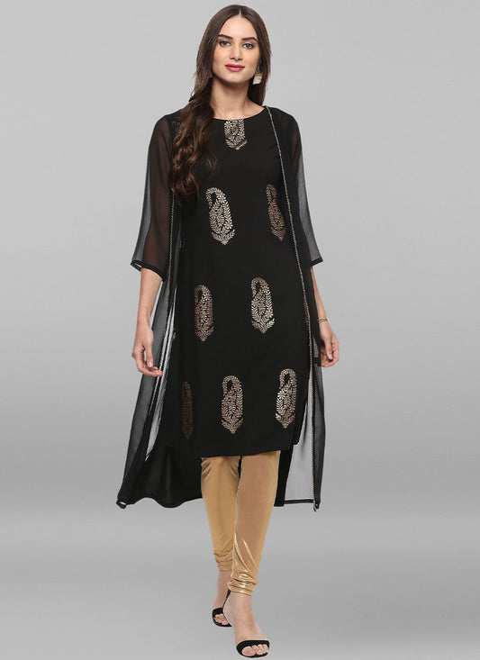 Casual Kurti Faux Crepe Black Print Kurtis