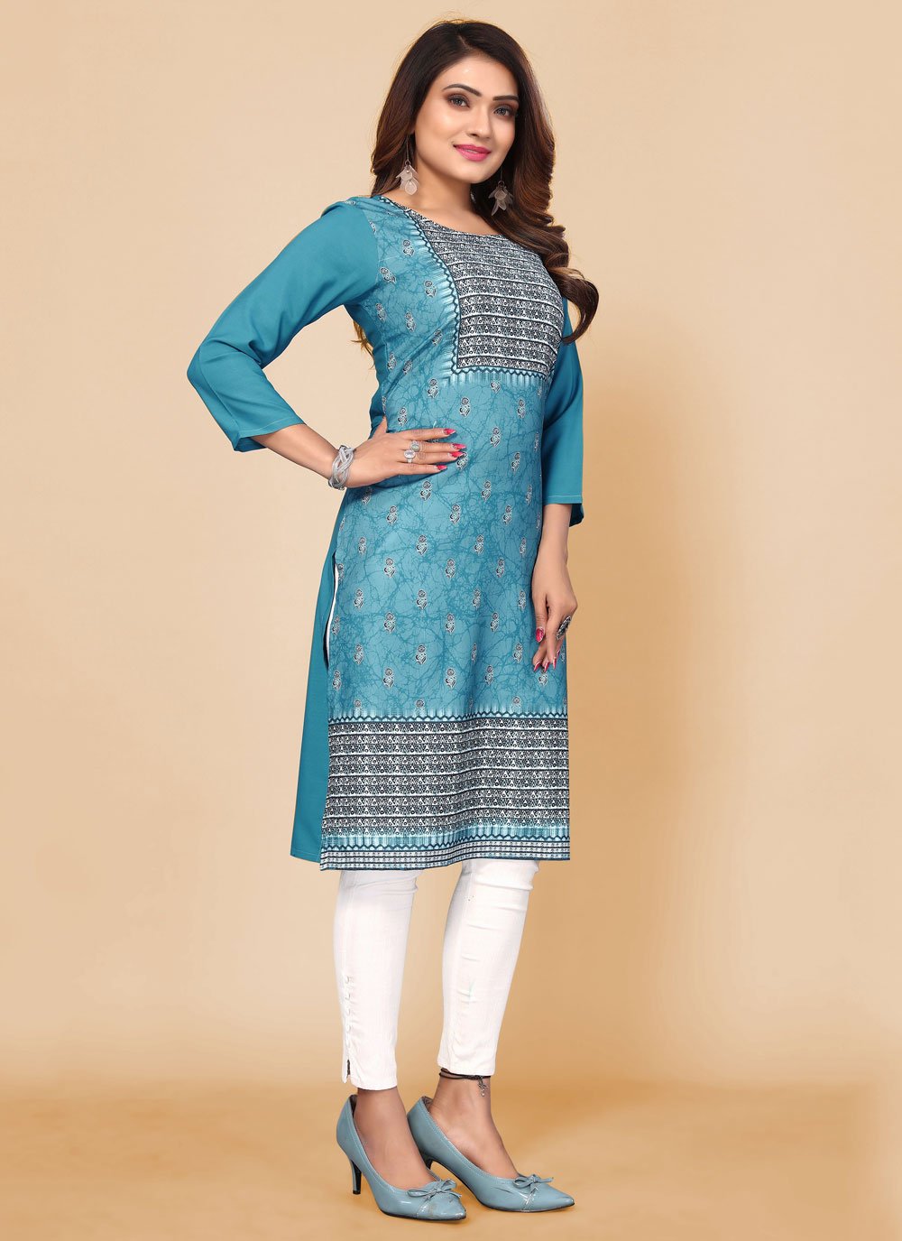 Casual Kurti Faux Crepe Blue Print Kurtis