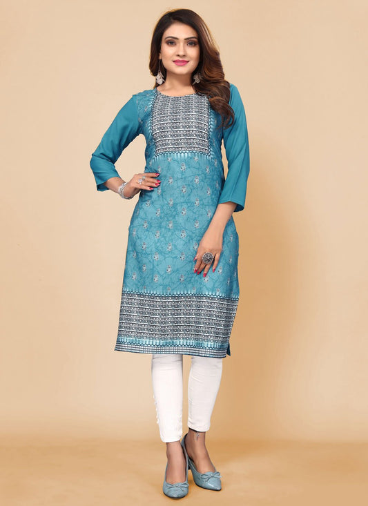 Casual Kurti Faux Crepe Blue Print Kurtis