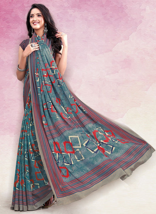 Trendy Saree Faux Crepe Blue Print Saree