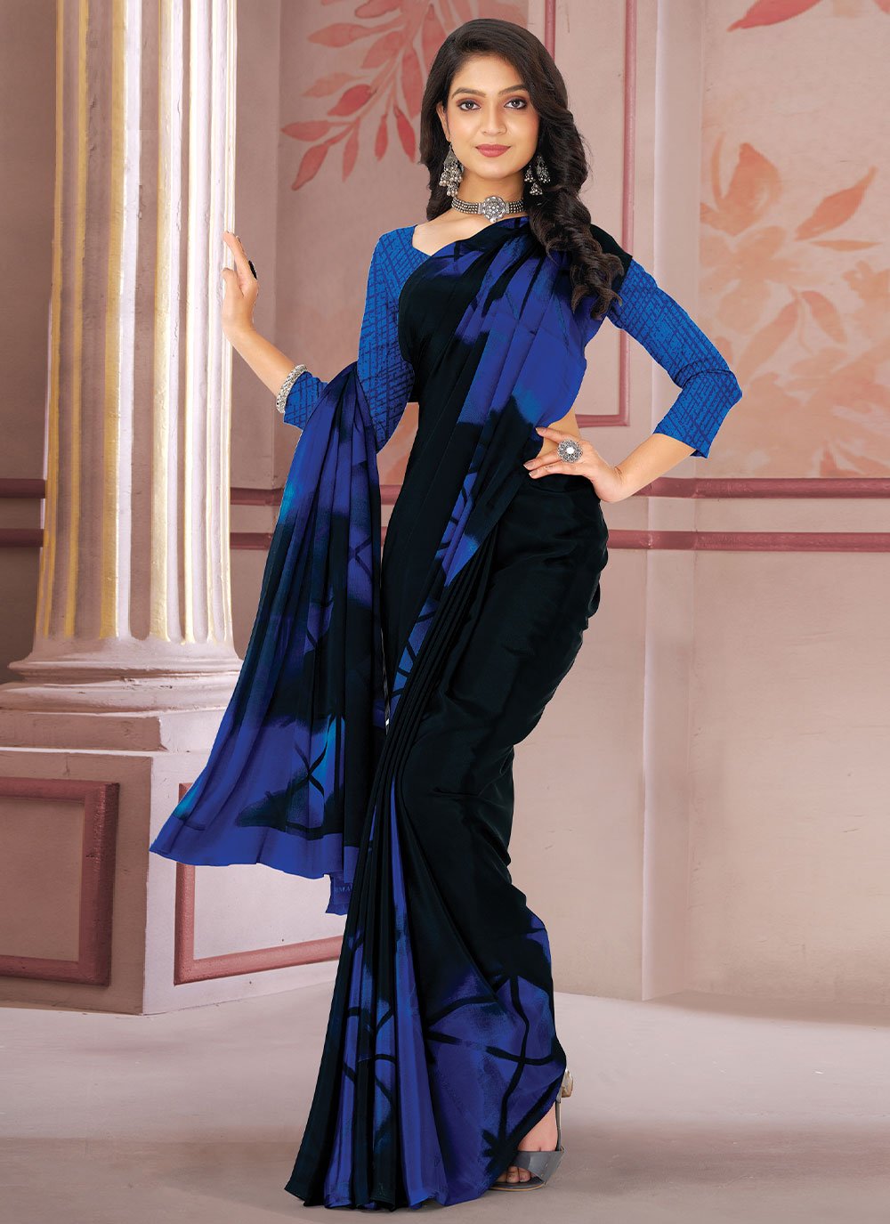 Trendy Saree Faux Crepe Blue Print Saree