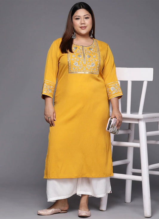 Casual Kurti Faux Crepe Yellow Embroidered Kurtis